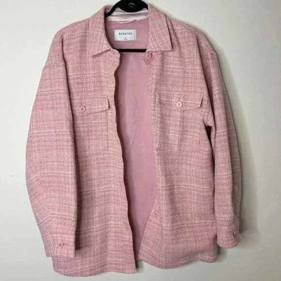 Aritzia Babaton Women's Shacket Joan Shirt Jacket Oversized Tweed Pink Plaid - Picture 3 of 16